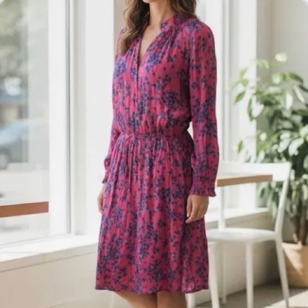 Draper James Raspberry Pink Floral Long-Sleeve Shirred-Waist Dress